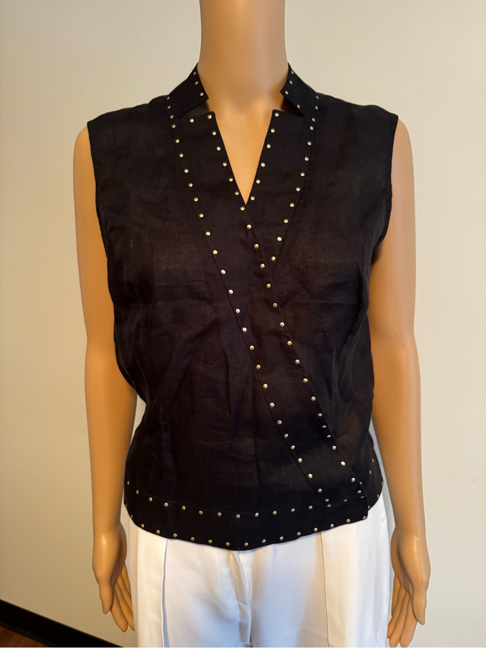 Gianfranco Ferre Vintage Black Linen Sleeveless Stud-Trim Top